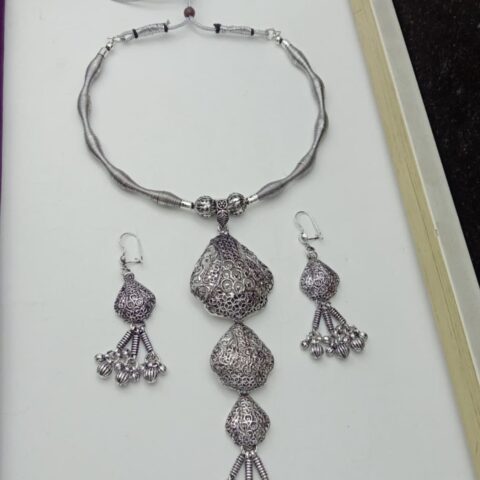 Oxidized Silver Traditional Necklace Set with Dangling Earrings