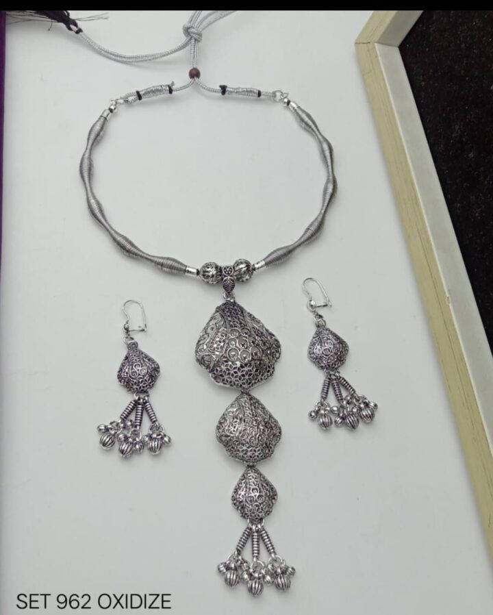 Oxidized Silver Traditional Necklace Set with Dangling Earrings